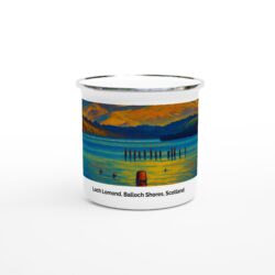 Loch Lomond, Balloch Shore, Scotland - Railway Poster style  - White 12oz Enamel Mug