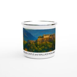 Stirling Castle & Wallace Monument Travel Mug – Railway Art Style by Glen Fraser - White 12oz Enamel Mug