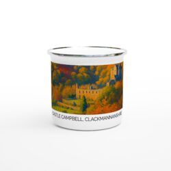 Castle Campbell, Clackmannanshire – Railway Art style enamel Camping Mug by Glen Fraser - White 12oz Enamel Mug